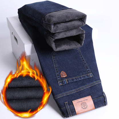 Autumn And Winter Fleece-lined Jeans For Men, Loose Straight Leg