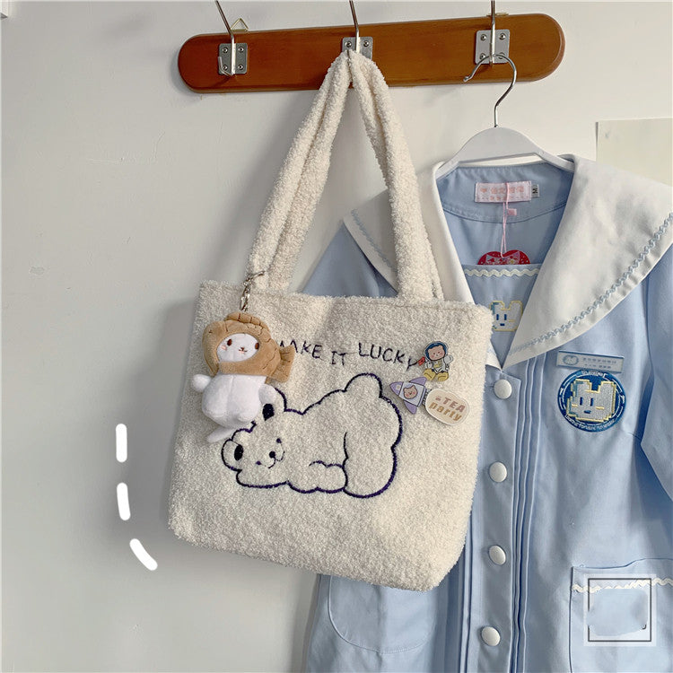 College Style Autumn And Winter Cute Cartoon Plush Shoulder Bag Shopping Bag