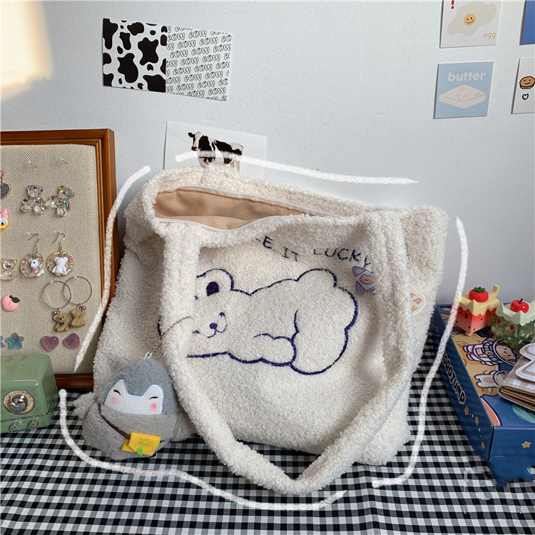 College Style Autumn And Winter Cute Cartoon Plush Shoulder Bag Shopping Bag