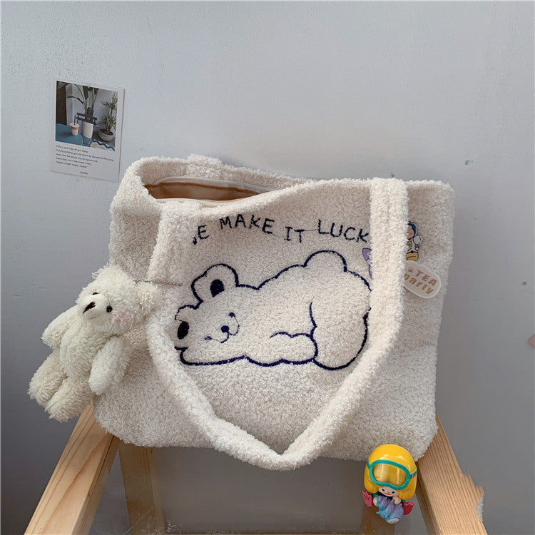 College Style Autumn And Winter Cute Cartoon Plush Shoulder Bag Shopping Bag