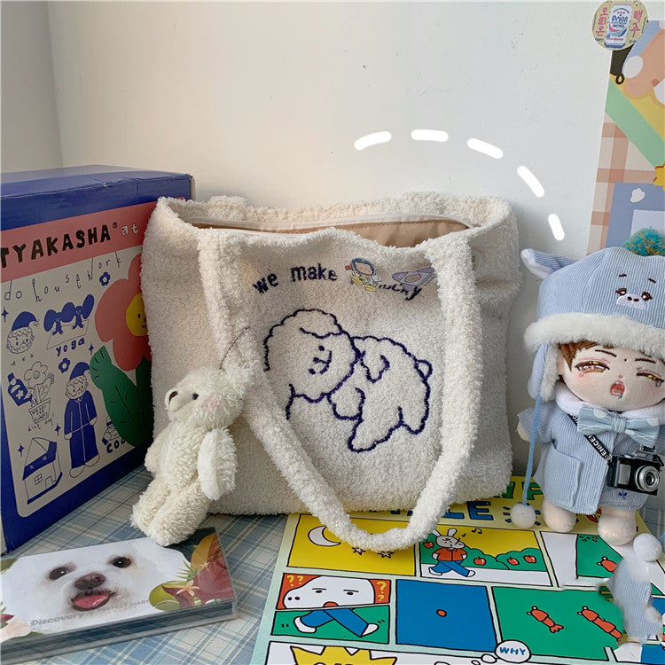 College Style Autumn And Winter Cute Cartoon Plush Shoulder Bag Shopping Bag