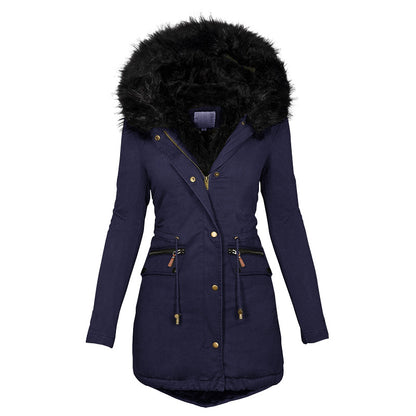 Women's Plush Hooded Parkas Winter Warm Thick  Zip-up Jackets Casual Mid-length Solid Buckle Pockets Coat Outerwear Clothing