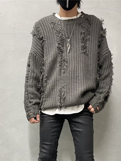 Niche Retro Tassel Ripped Design Loose Lazy Knit Sweater