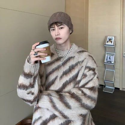 Zebra Stripe Retro Cardigan Men's Loose Knit Sweater