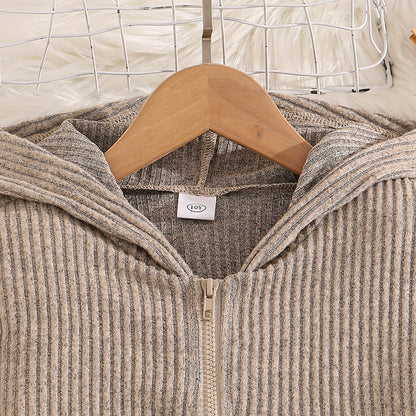 Autumn And Winter New Knit Ribbed Long-sleeve Hooded Zip-up Sweater