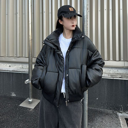 Women's Short Padded Leather Jacket Loose Warm Thick Coat