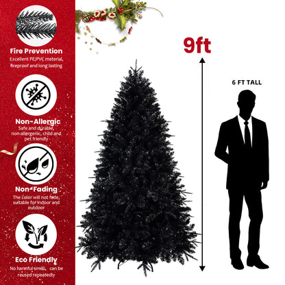 Prelit Black Christmas Tree With White Lights Artificial Fake Christmas Tree With PE&PVC Branch Tips For Halloween And Xmas Tree For Holiday Decorations, Metal Stand And Hinged Branches